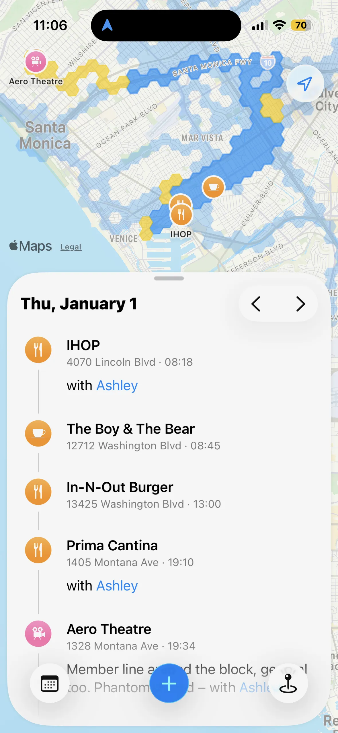 Odyssey Maps day timeline screen showing visits and movement on a map