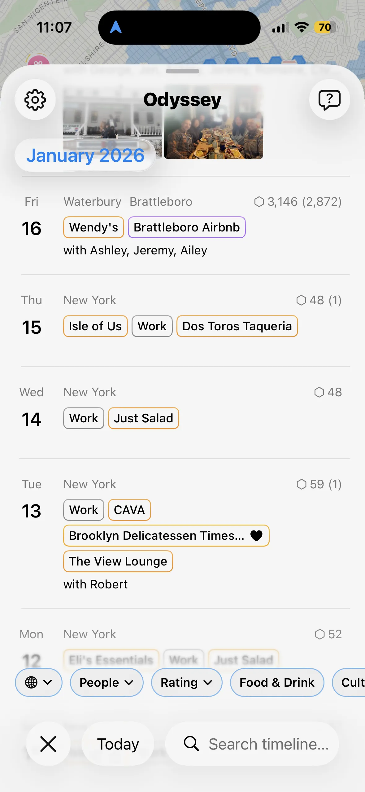 Odyssey Maps full timeline screen showing a chronological list of places