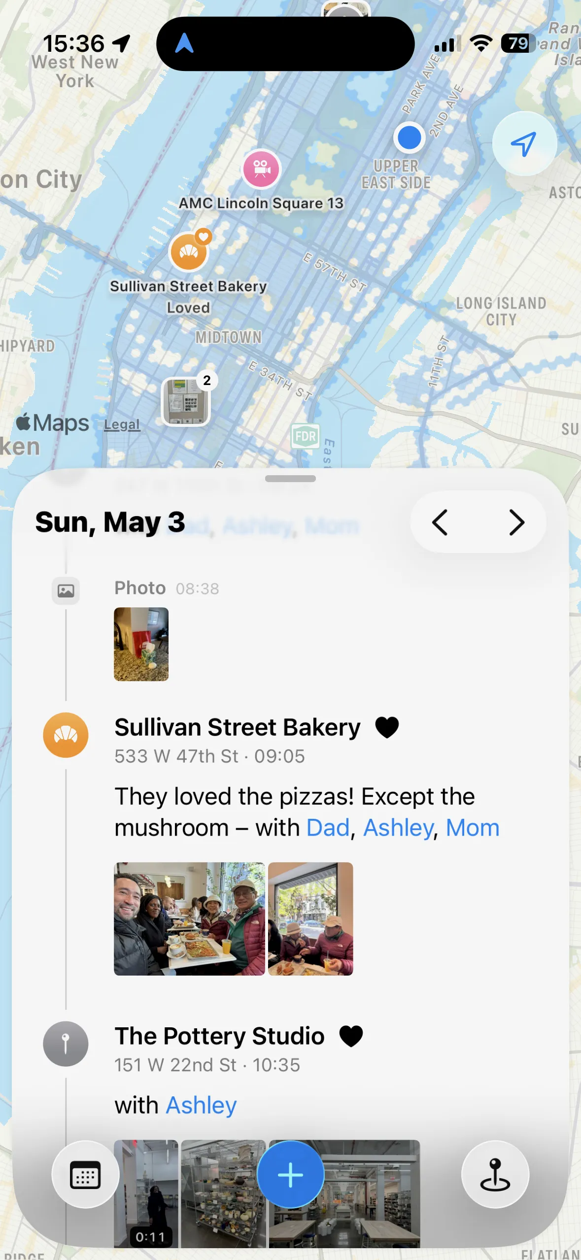 Odyssey Maps timeline screen showing check-ins, notes, photos, and footprints on a map