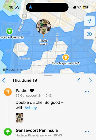 Odyssey app showing a timeline of places you've been to with photos, all private.