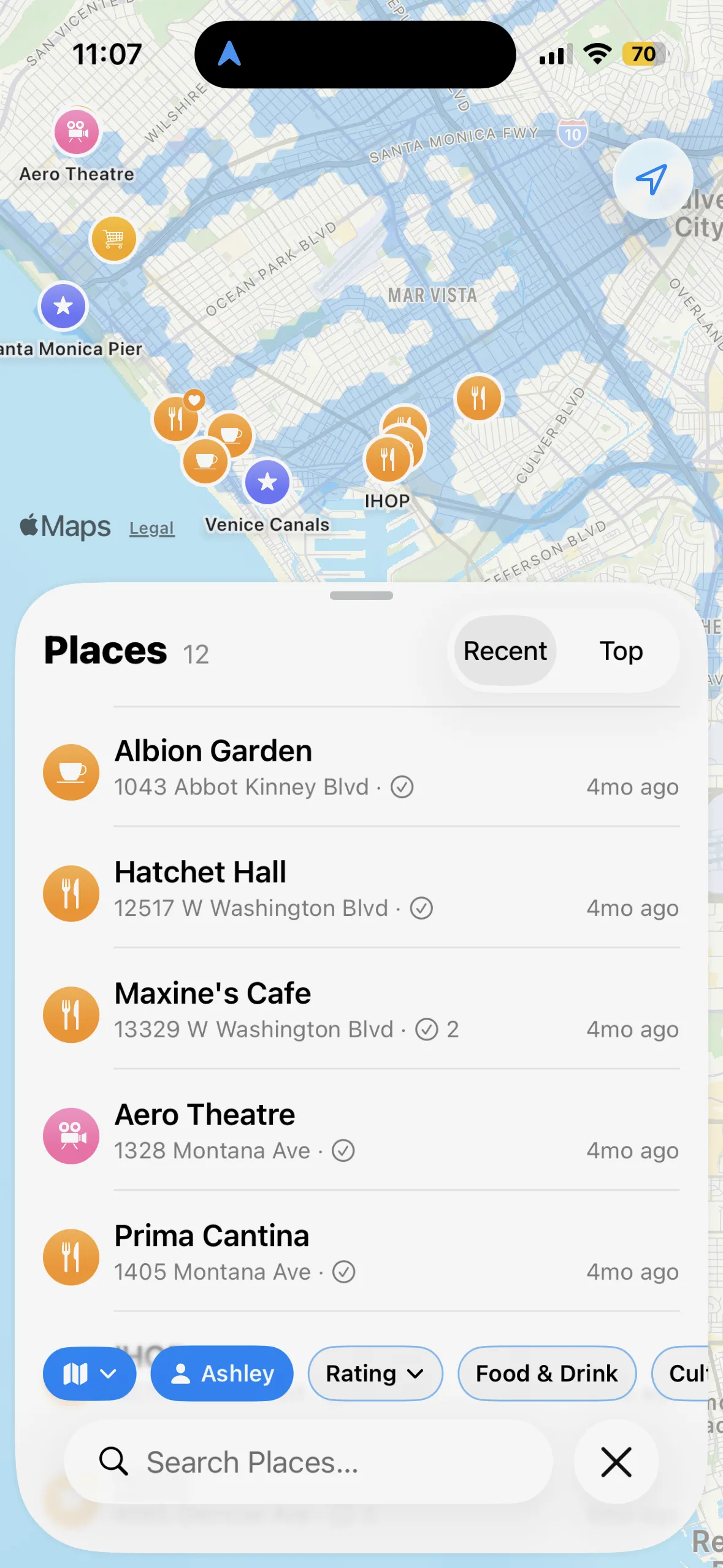 Odyssey Maps places screen showing saved places on a map